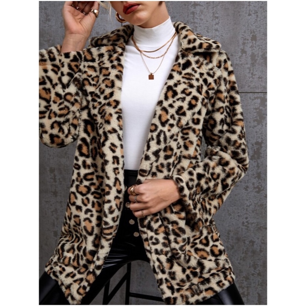 Cream Leopard Print Teddy Open Front Jacket Coat - Picture 1 of 5